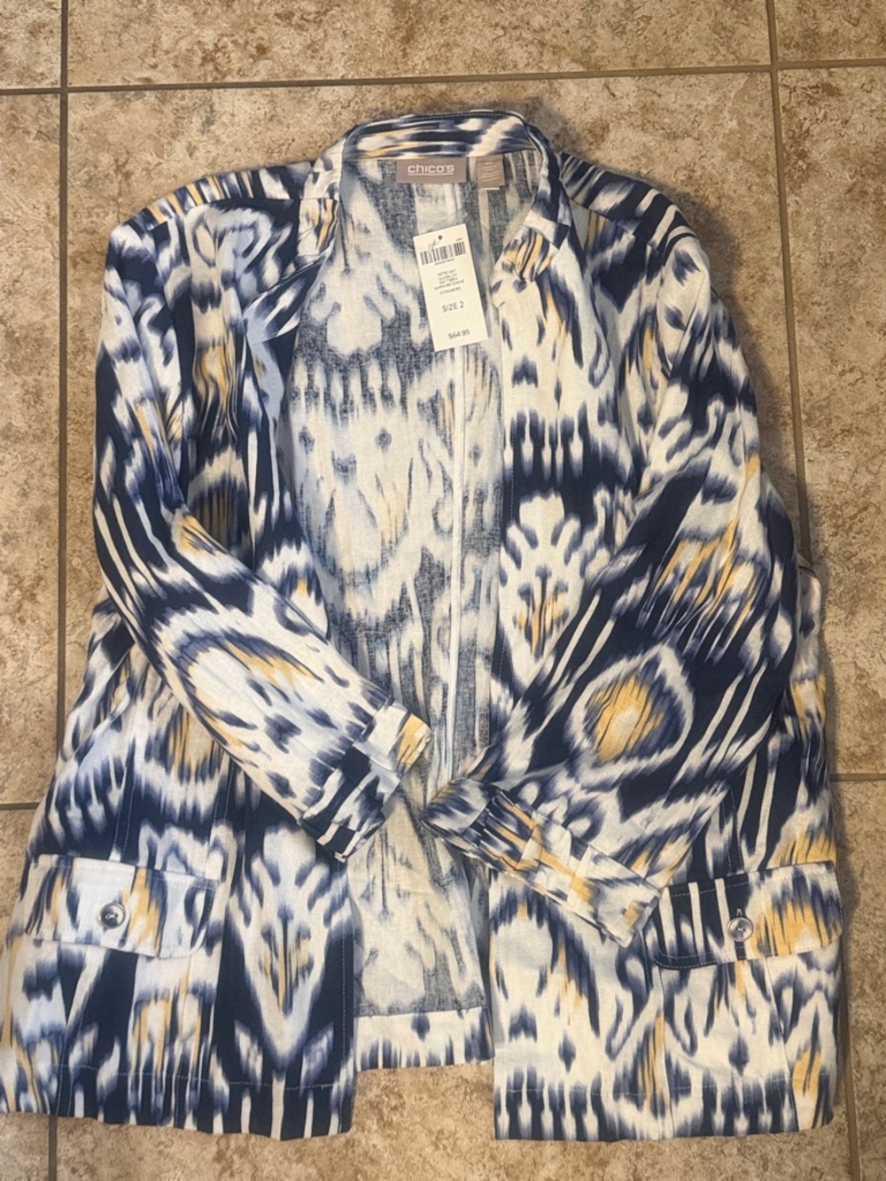 Chico's Navy, White & Yellow Print Jacket